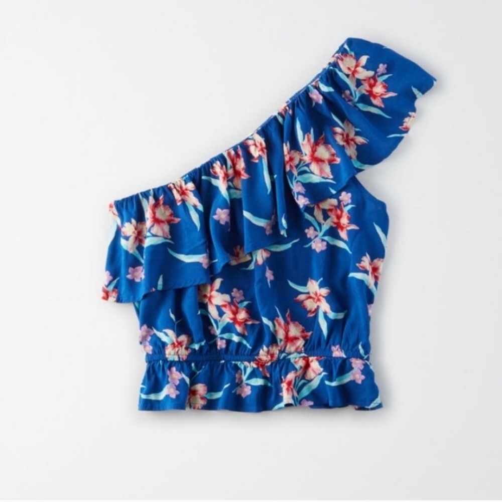 AE ruffle one shoulder tropical ruffle bubble top
